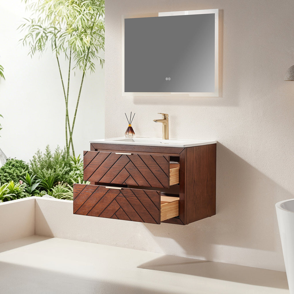 30" Floating Single Vanity Cabinet with Ceramic Top - Walnut