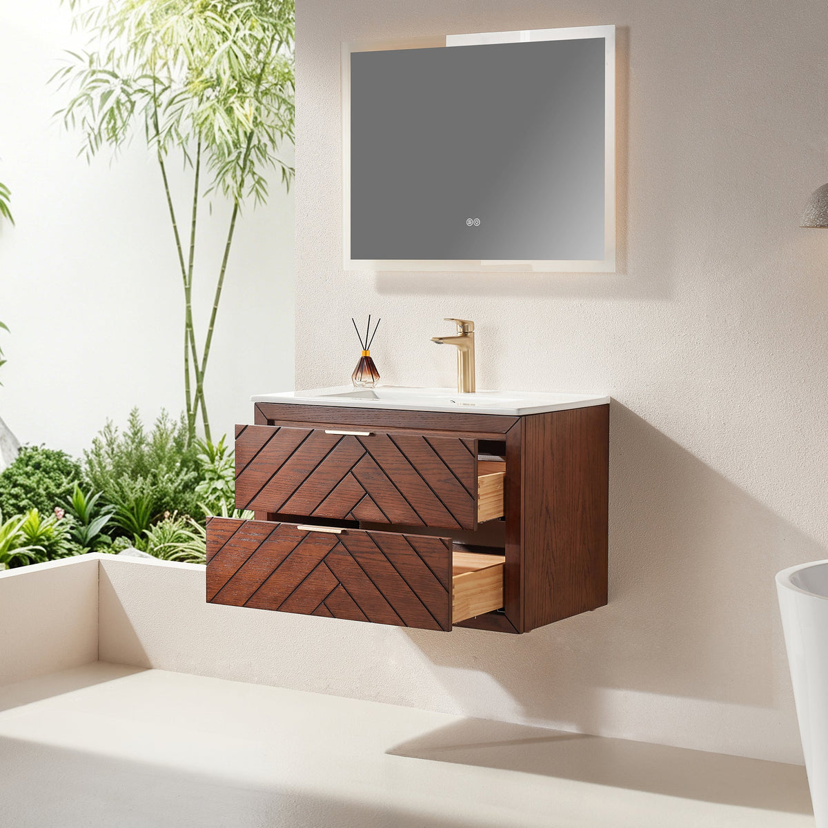 30" Floating Single Vanity Cabinet with Ceramic Top - Walnut