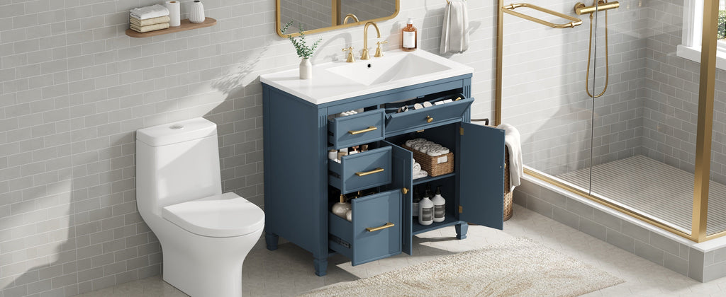 36" Bathroom Vanity with Ceramic Sink and Ample Storage - Blue Gray, Black, White