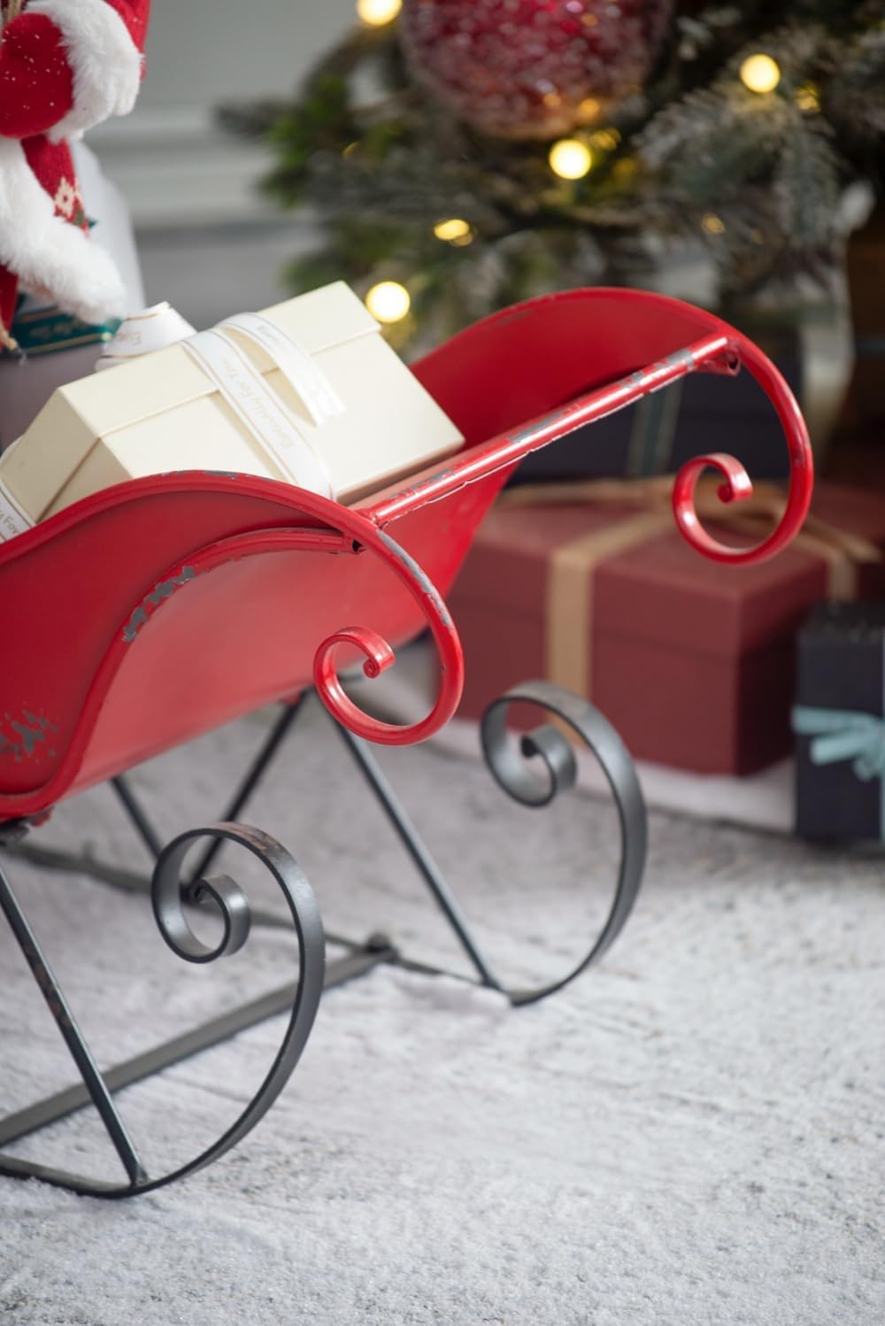 Red Iron Christmas Santa Sleigh Decoration with Durable Iron Construction