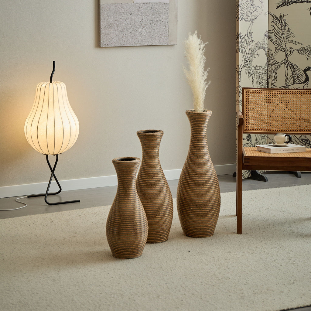 3 Piece Artificial Rattan Floor Vase Set with Modern Artistic Style - Beige