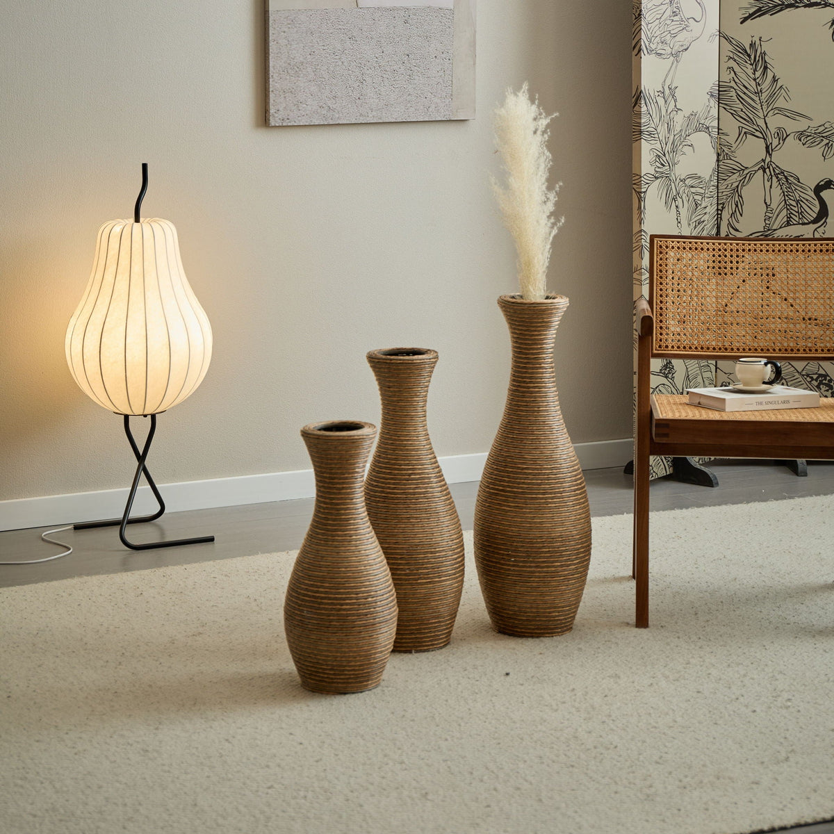 3 Piece Artificial Rattan Floor Vase Set with Modern Artistic Style - Beige