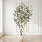 8FT Artificial Olive Tree with Decorative White Planter - Green Leaves