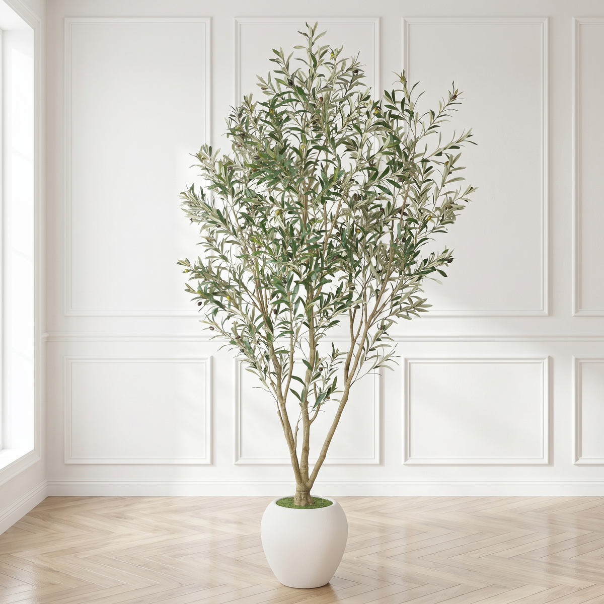 8FT Artificial Olive Tree with Decorative White Planter - Green Leaves