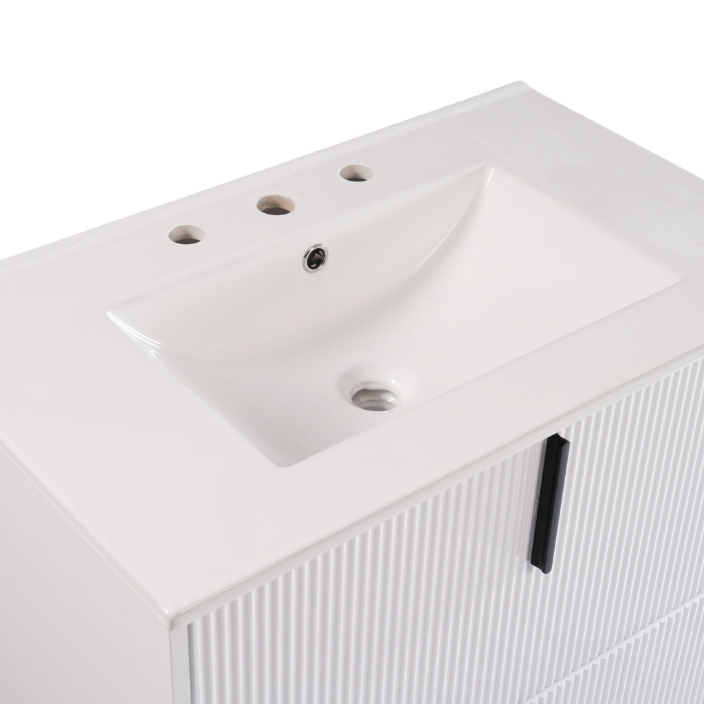Bathroom Vanity With Ceramic Sink and Fluted Design - Dark Green, White, Light Brown