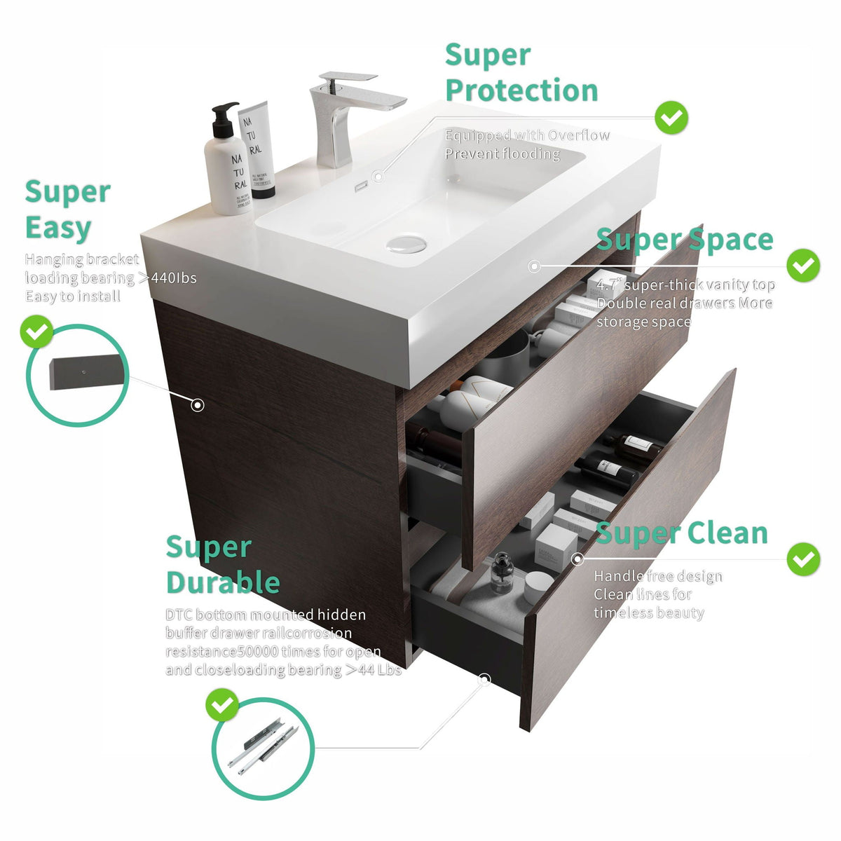 Alice Wall-Mounted Bathroom Vanity with Integrated Sink - Black or White