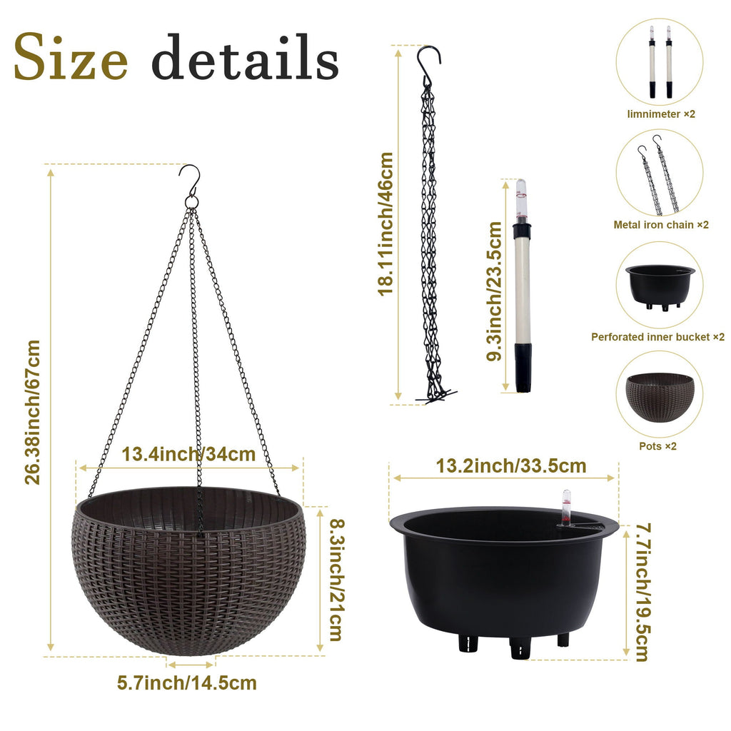 Self Watering Hanging Planter with Water Level Indicator - White, Black, or Dark Brown