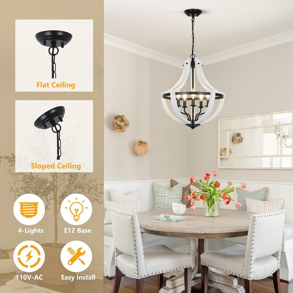 5-Light Farmhouse Chandelier with Dual-Mount Design - White