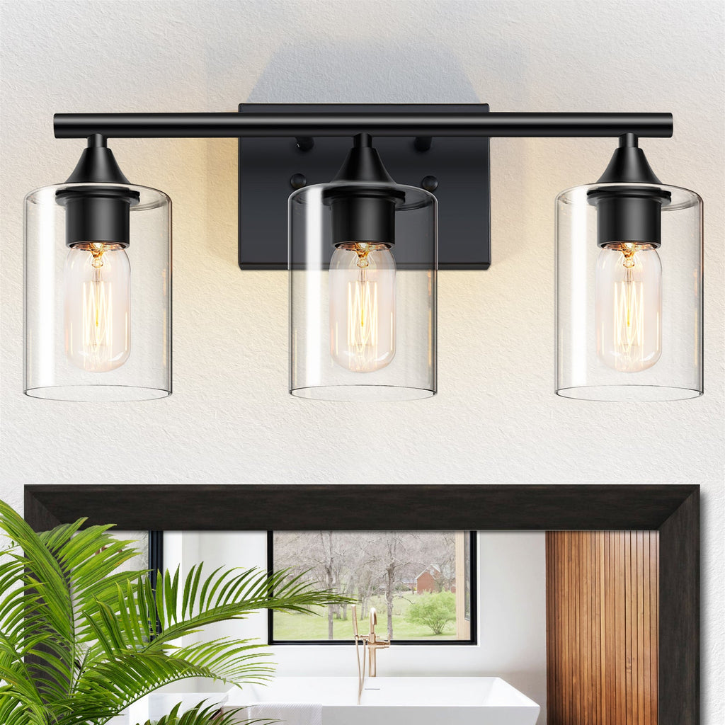 3-Light Matte Bathroom Vanity Wall Light with Clear Glass Shades - Black