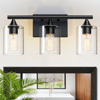 3-Light Matte Bathroom Vanity Wall Light with Clear Glass Shades - Black