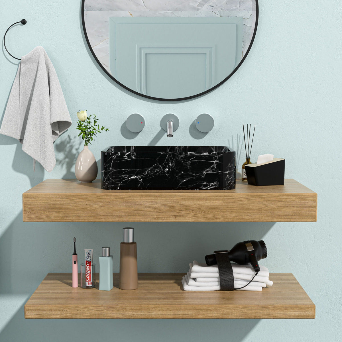 Rectangular Vessel Bathroom Sink with Sleek Black and Gray Ceramic Finish