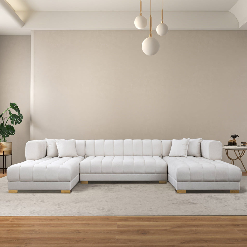 U Shape Corner Sofa with Solid Wood Frame and Plush Cushions - Beige