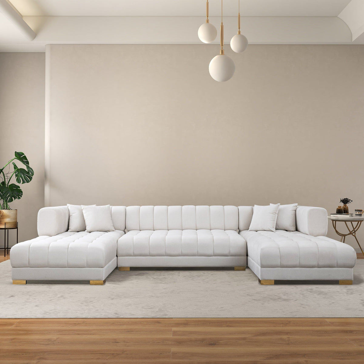 U Shape Corner Sofa with Solid Wood Frame and Plush Cushions - Beige