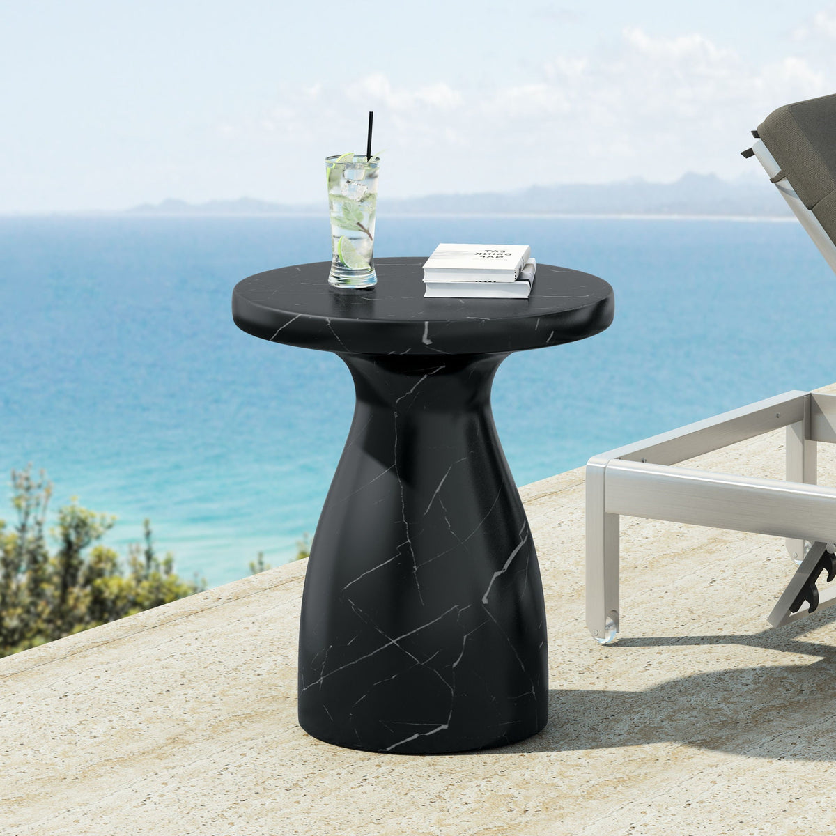 Lightweight Travertine Side Table with Weatherproof Finish – Black or Beige