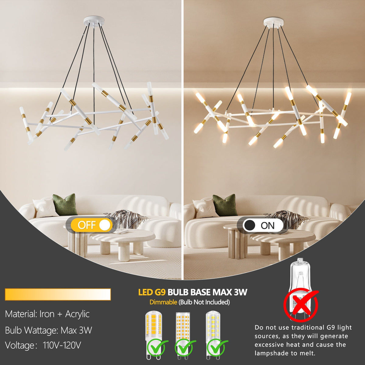 41" Modern Branch Chandelier Light Fixture with Frosted Tubes - White & Gold