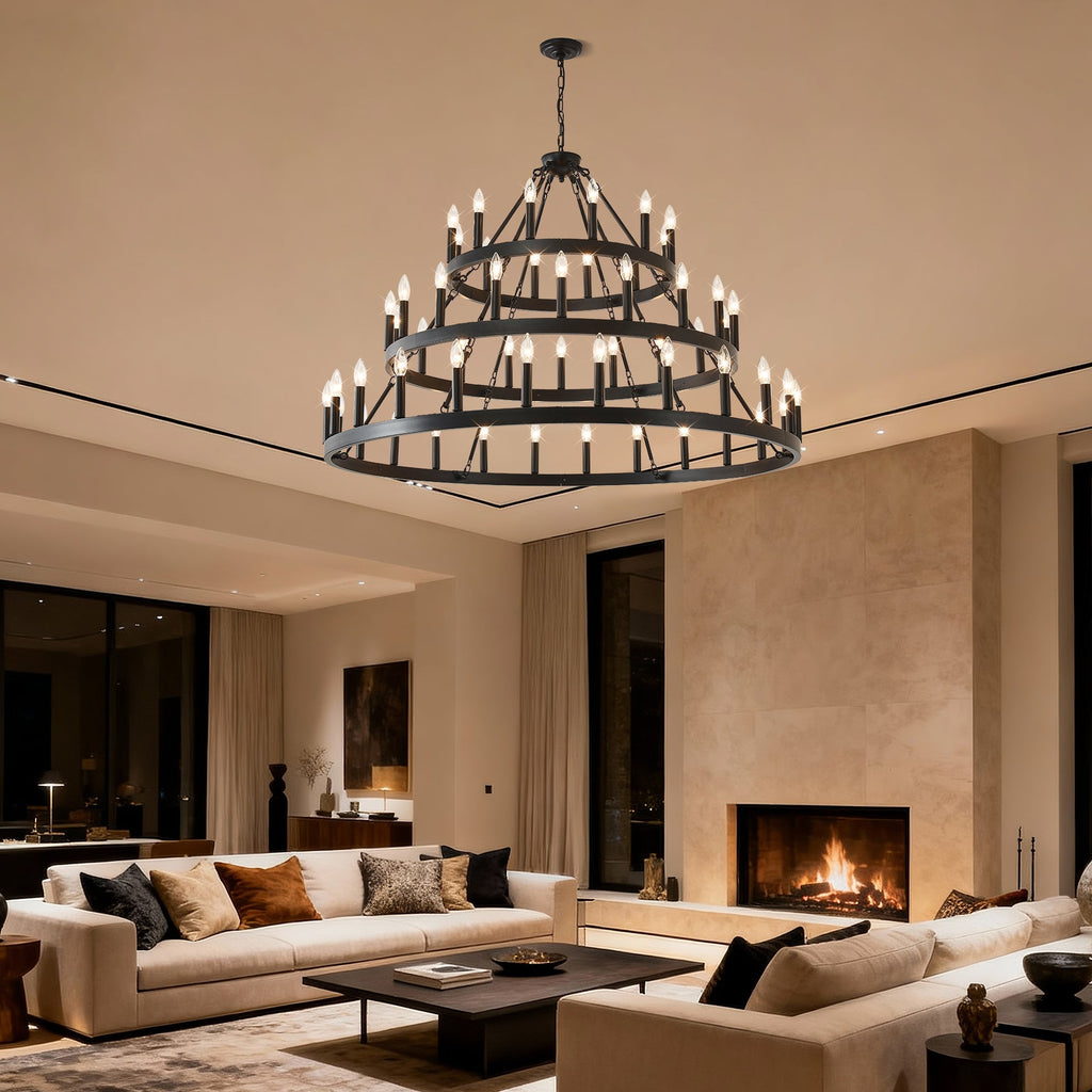 3 Tiers Wagon Wheel Chandelier with 54 Lights - Matte Black