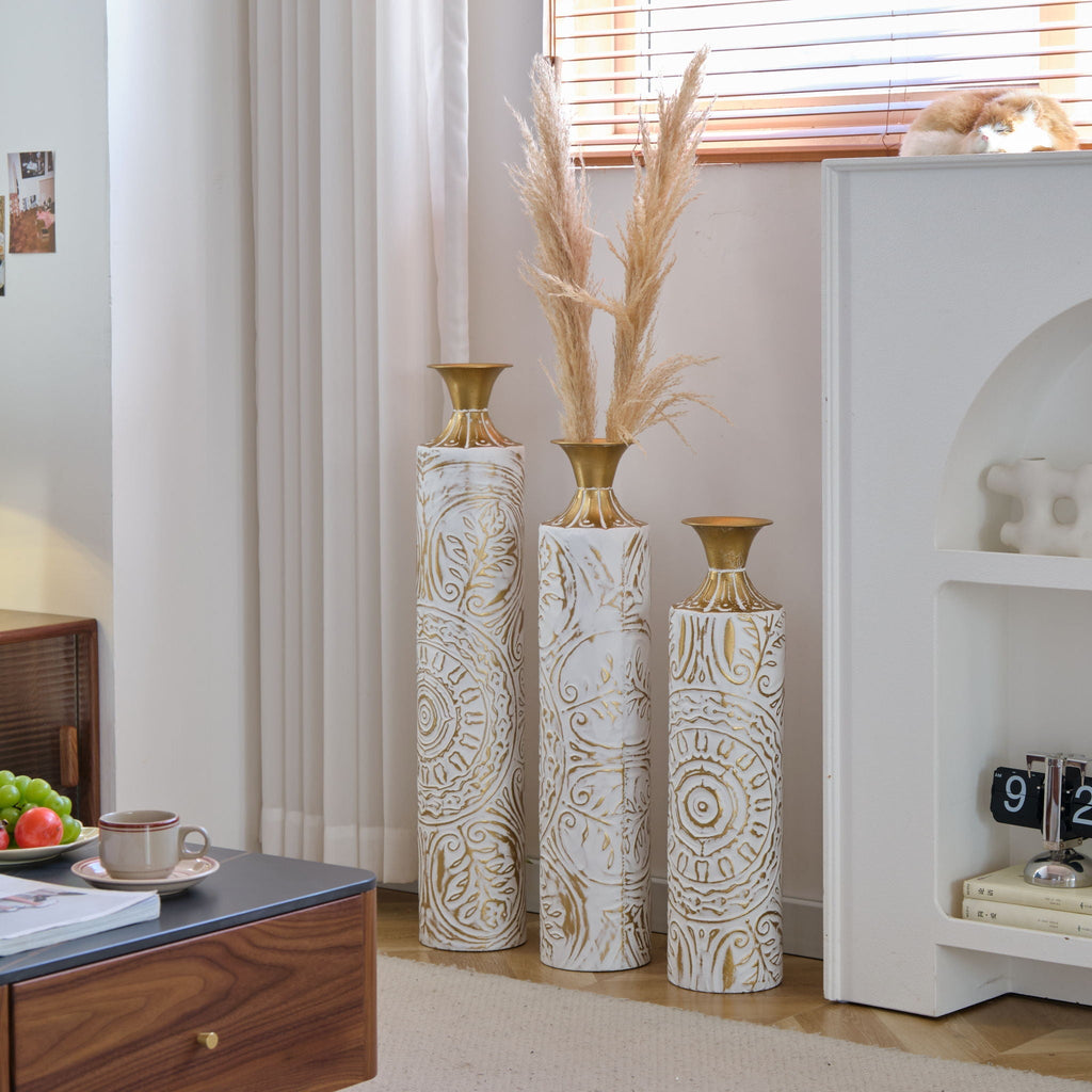 White / Gold Metal Floor Vases Set of 3 with Durable Modern Design