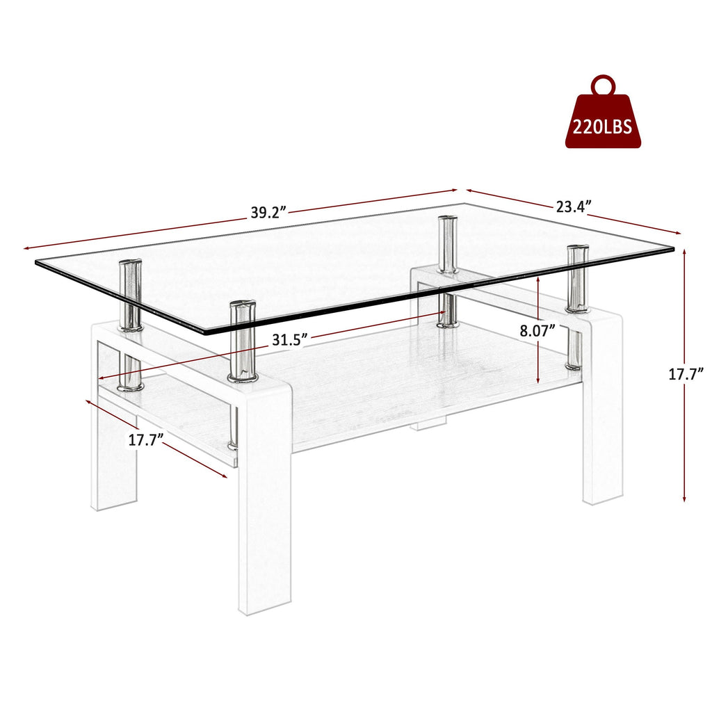 Modern Rectangular Coffee Table with Glass Top and Storage Shelf - White, Gray, Dark Gray, Dark Brown