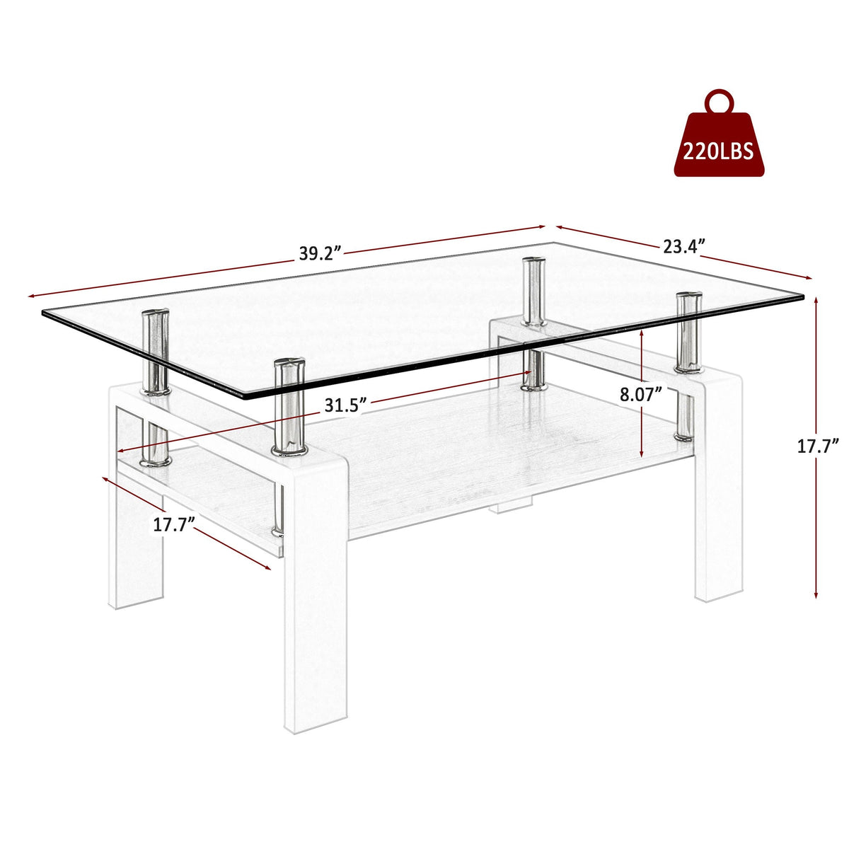 Modern Rectangular Coffee Table with Glass Top and Storage Shelf - White, Gray, Dark Gray, Dark Brown