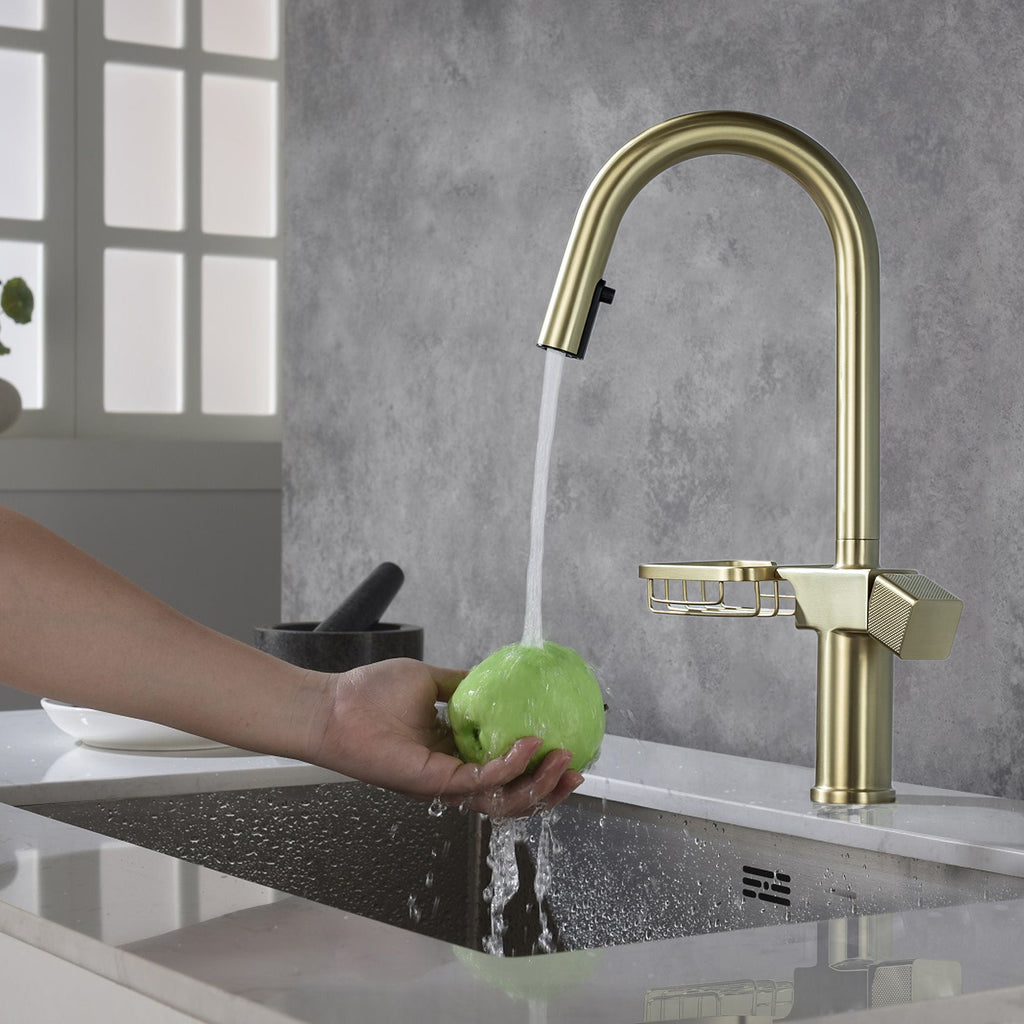 High Arc Pull Down Kitchen Faucet with Built-In Shelf - Pearl Silver or Gold