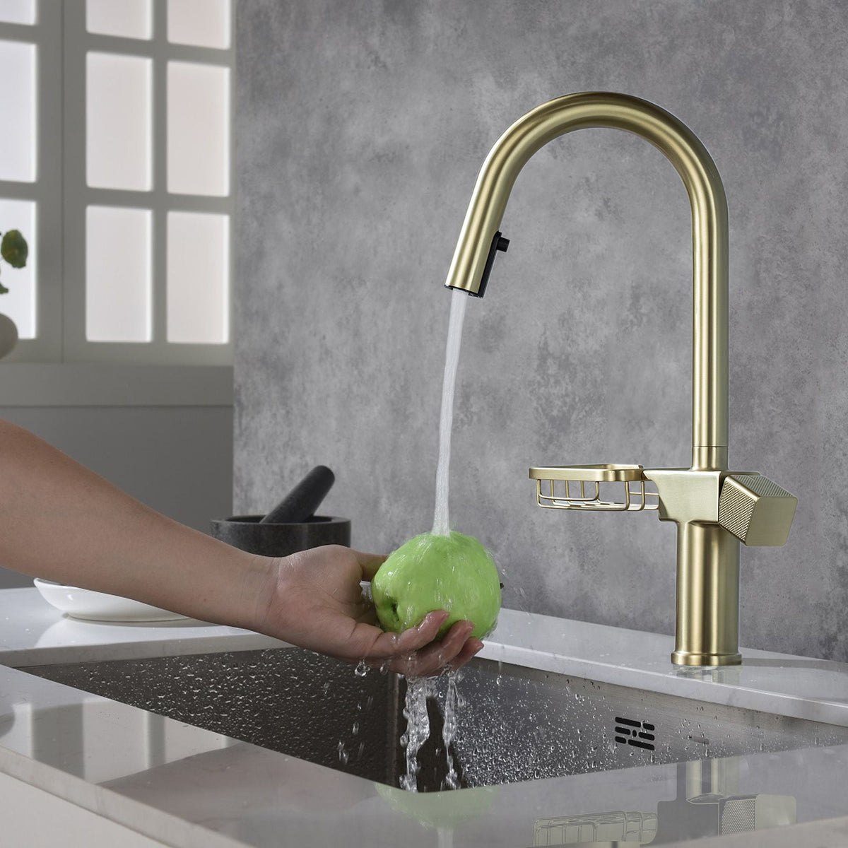 High Arc Pull Down Kitchen Faucet with Built-In Shelf - Pearl Silver or Gold