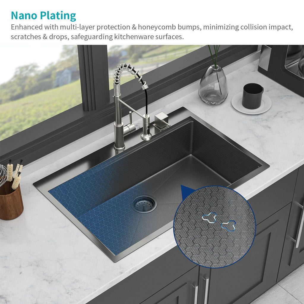 33" Drop In Kitchen Sink with Ledge Workstation - Gunmetal Black