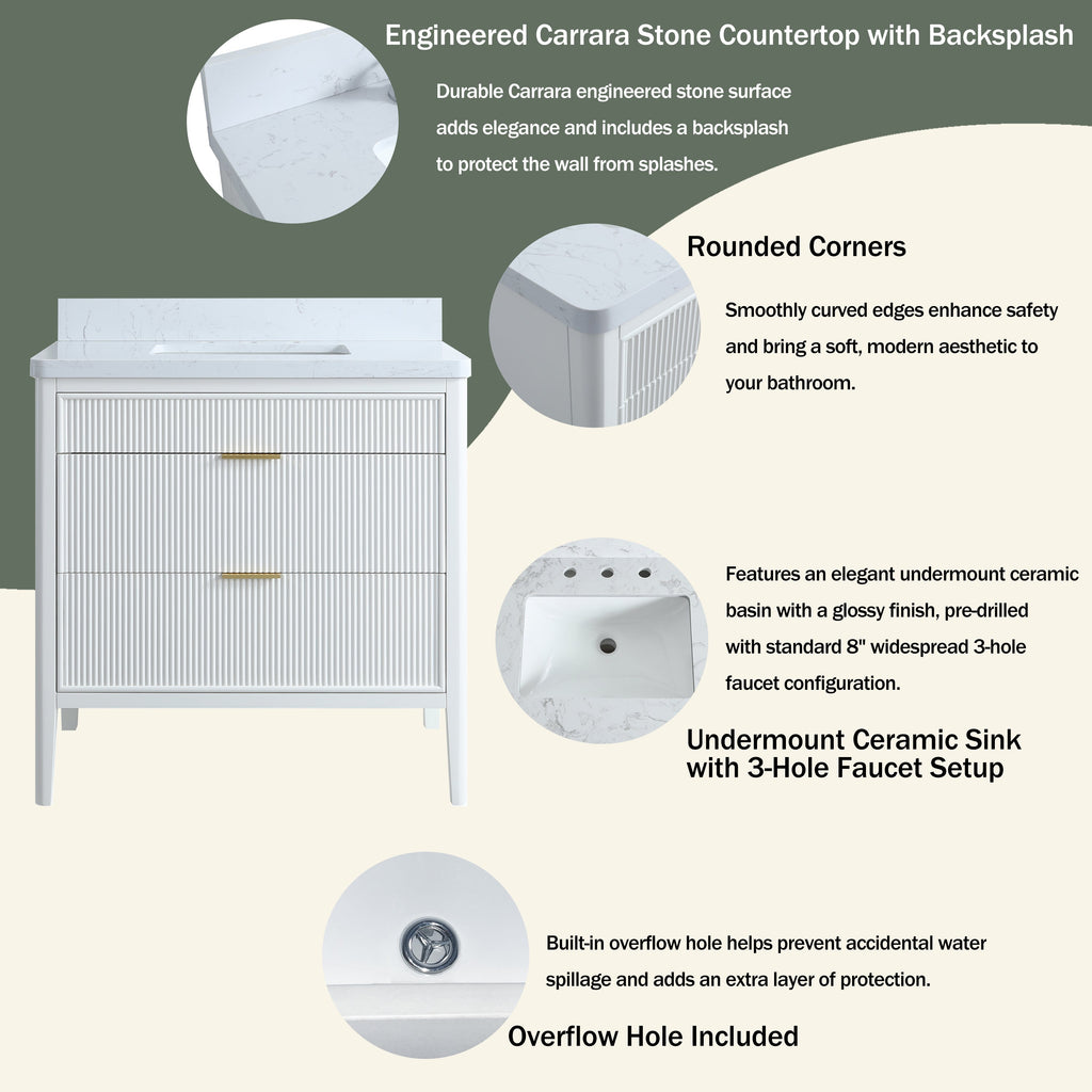 Fully Assembled 36'' Bathroom Vanity with Carrara Stone Top - White