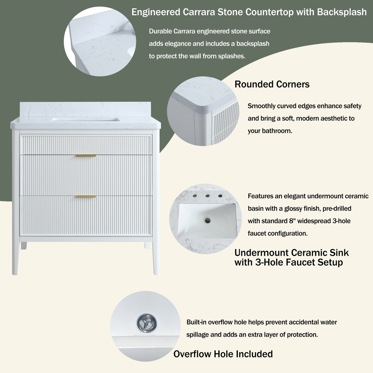 Fully Assembled 36'' Bathroom Vanity with Carrara Stone Top - White