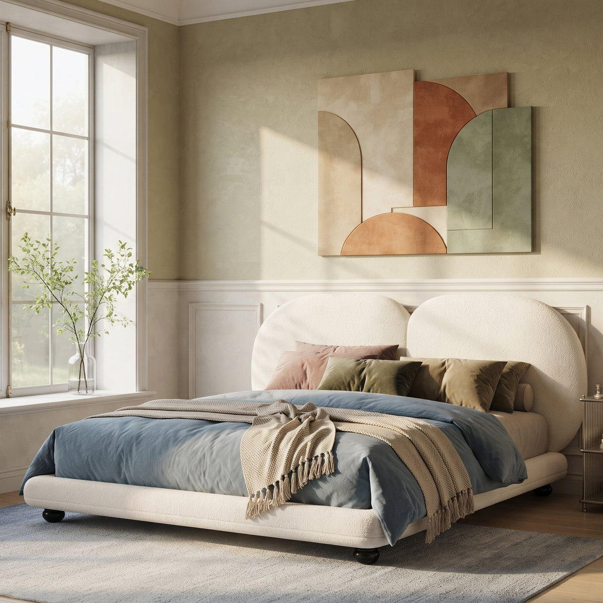 Extra Thick Upholstered Platform Bed Frame with Luxury Split Headboard - White