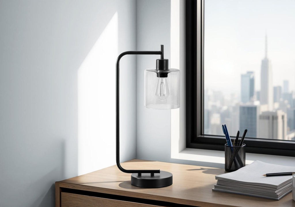 Modern Black Table Lamp with USB Port and Glass Shade