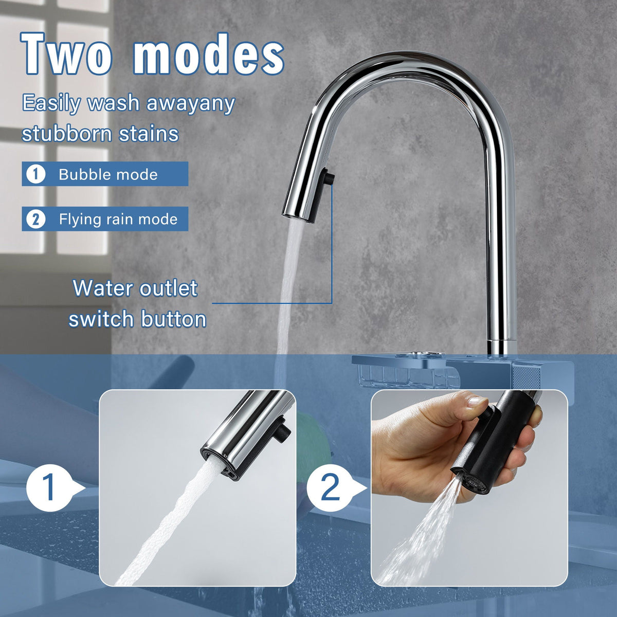 High Arc Pull Down Kitchen Faucet with Built-In Shelf - Pearl Silver or Gold
