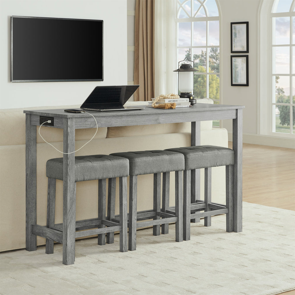 59 Inch Bar Table and Chair Set with Power Outlet - Solid Wood & MDF