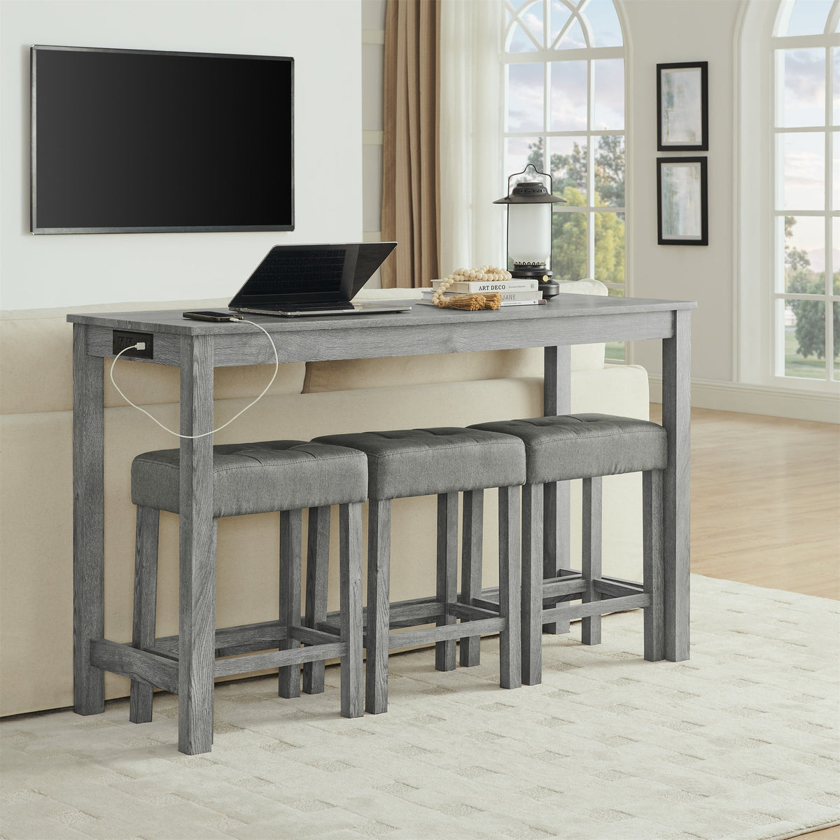 59 Inch Bar Table and Chair Set with Power Outlet - Solid Wood & MDF
