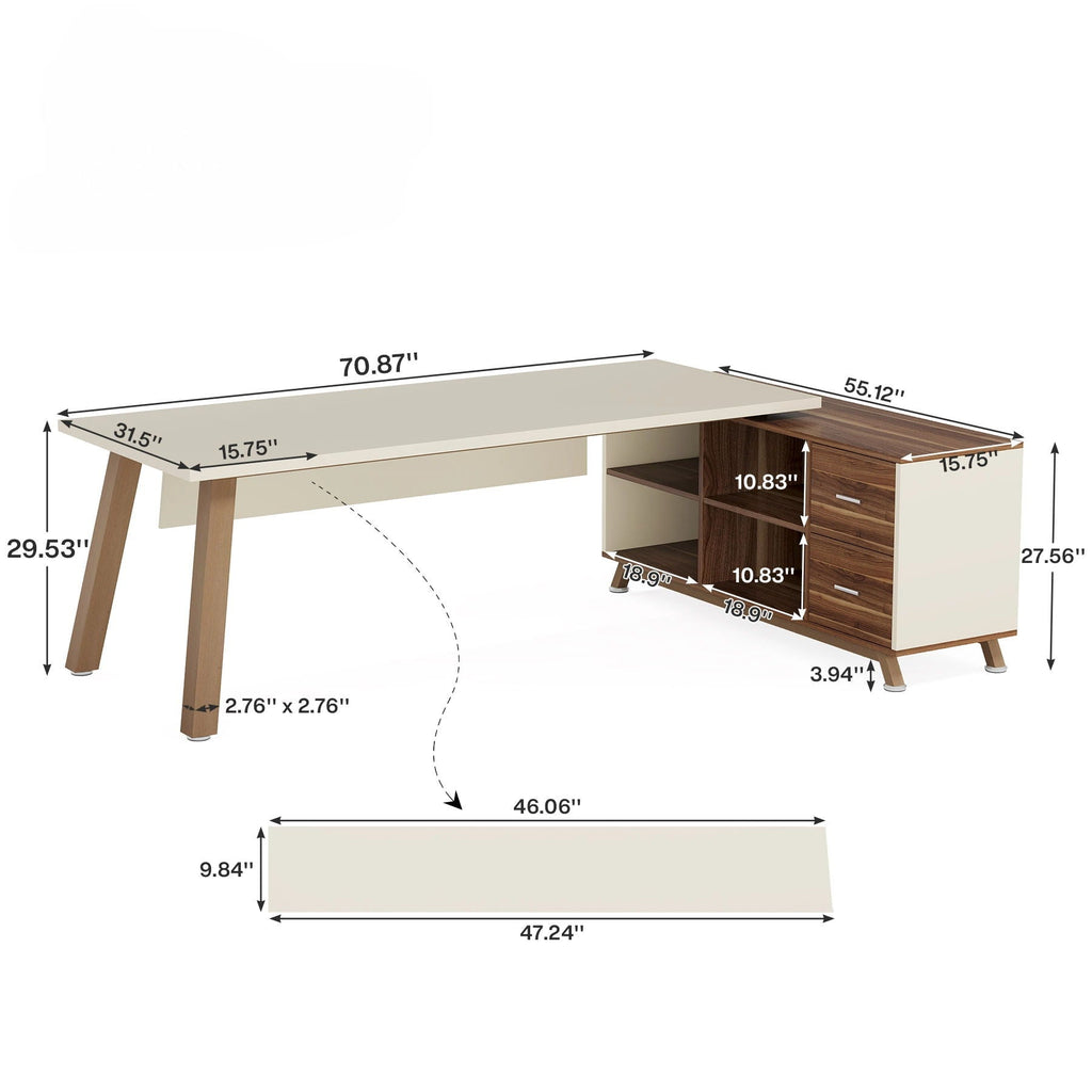 L-Shaped Executive Desk with File Cabinet and Drawers - White/Walnut