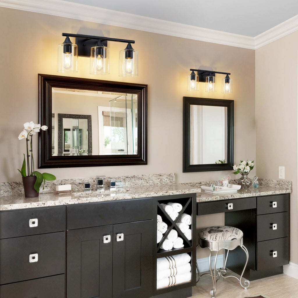 3-Light Matte Bathroom Vanity Wall Light with Clear Glass Shades - Black
