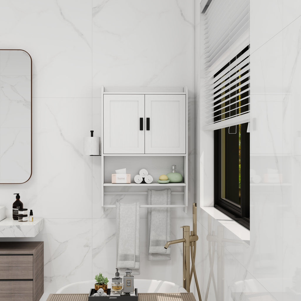 Bathroom Wall Cabinet with Adjustable Shelf and Towel Bar - White