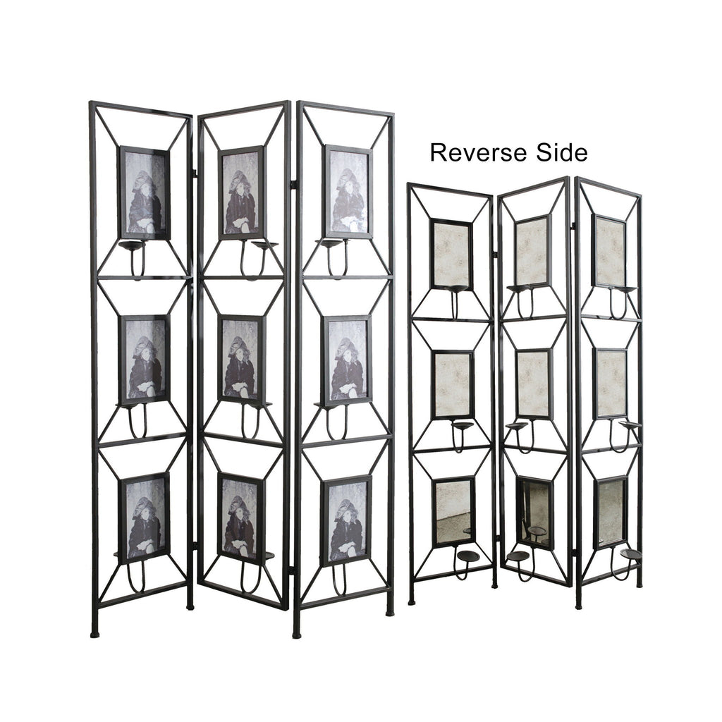 Black Room Divider with Photo Frames, Antique Mirror & Candlesticks - 71" Tall