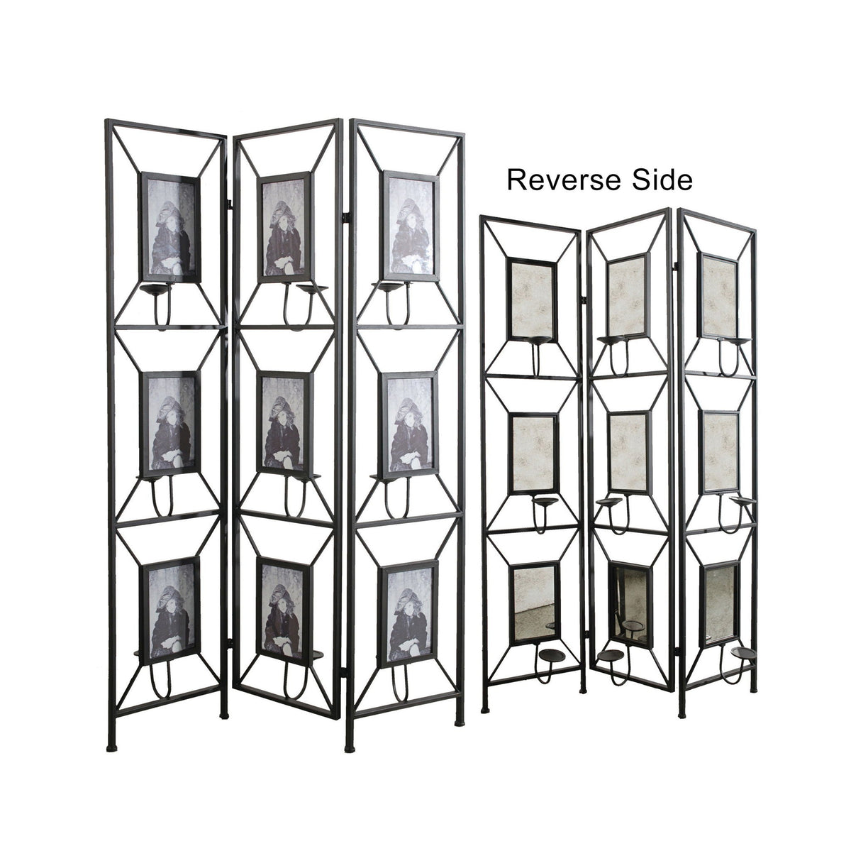 Black Room Divider with Photo Frames, Antique Mirror & Candlesticks - 71" Tall