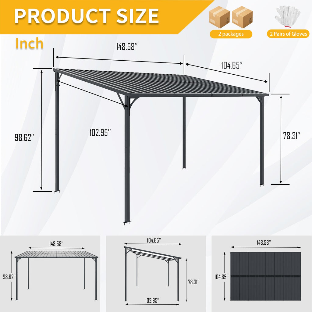Galvanized Steel Lean-to Pergola with Wall Mount - 12' x 8'