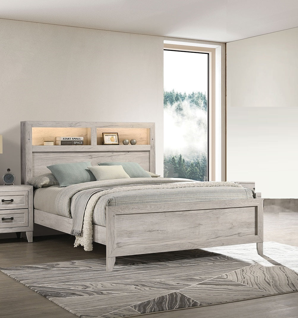 Queen Size Bed with Headboard Shelves and Light - White Wash Finish
