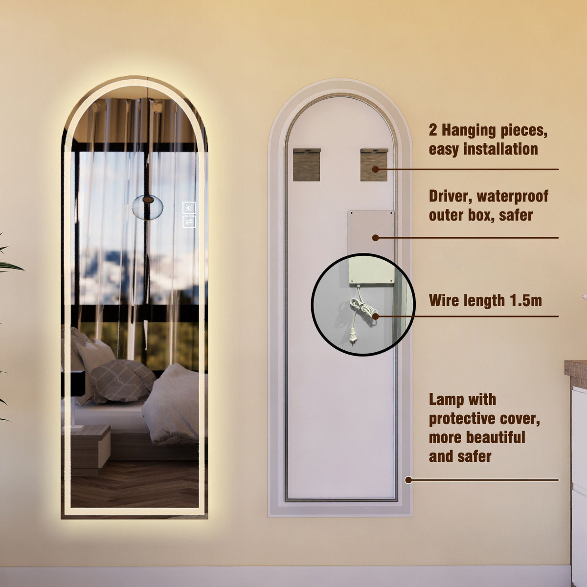 Arch Design LED Full Length Mirror with Dimmable LED Lights - Silver