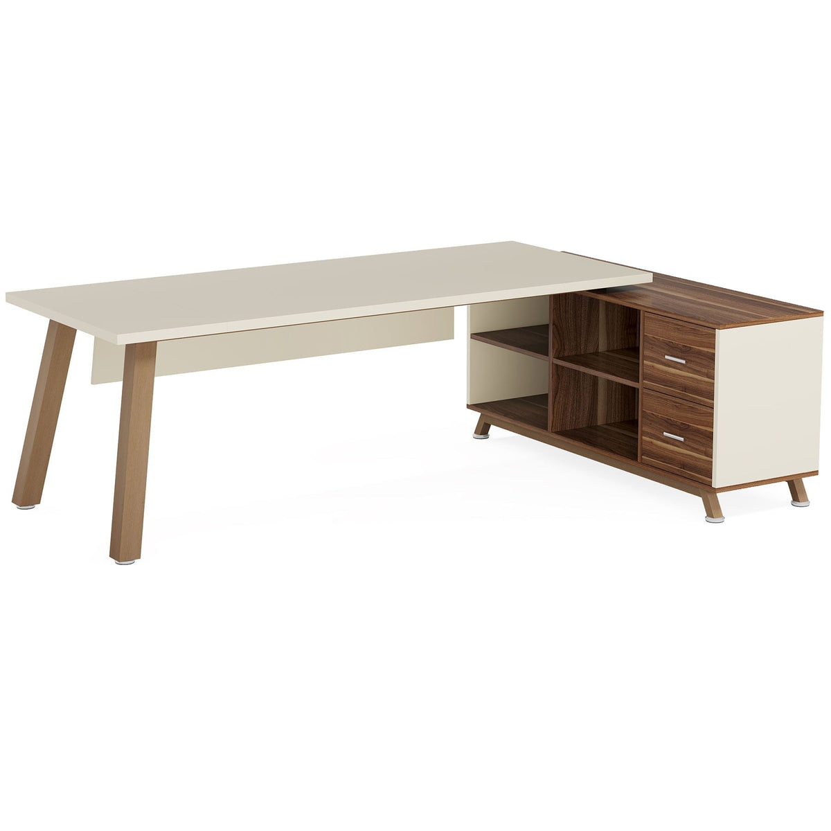 L-Shaped Executive Desk with File Cabinet and Drawers - White/Walnut