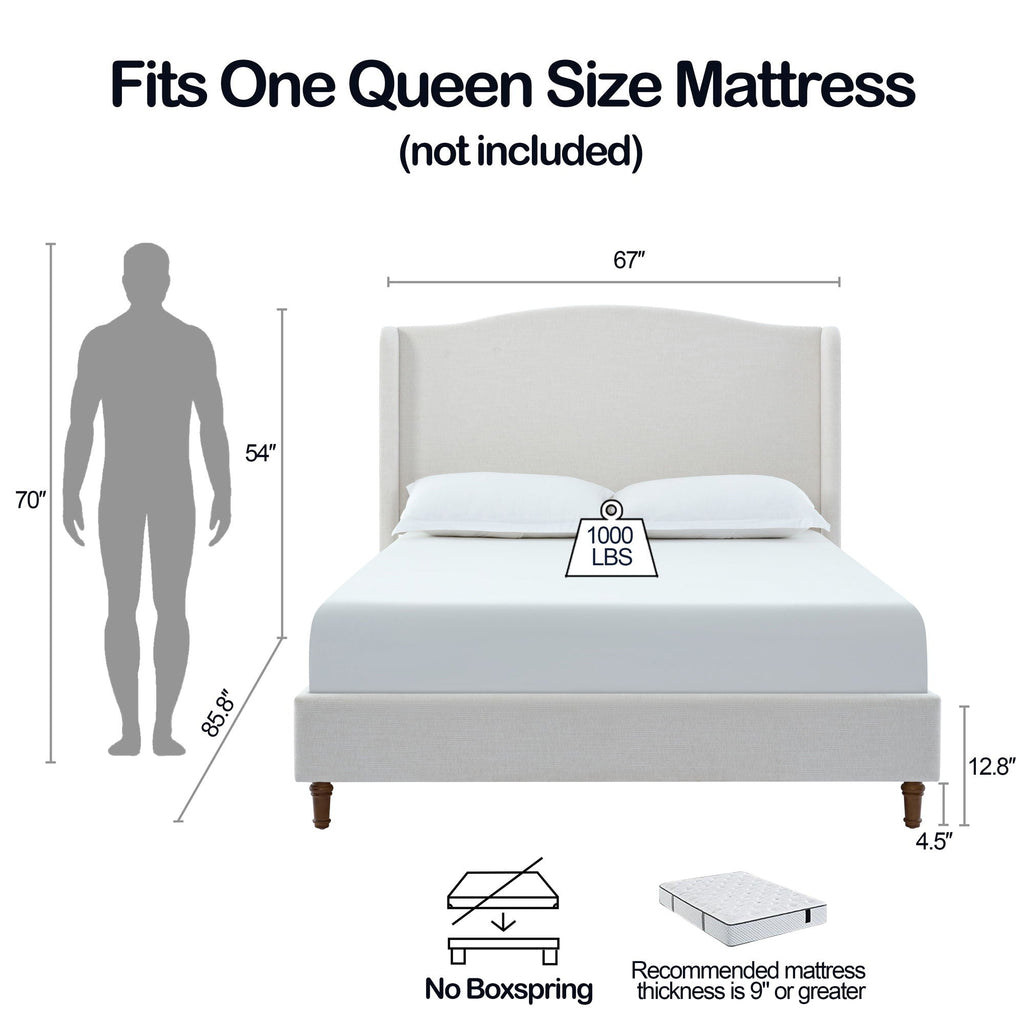 Beige Upholstered Wingback Bed with Tall Headboard – King or Queen