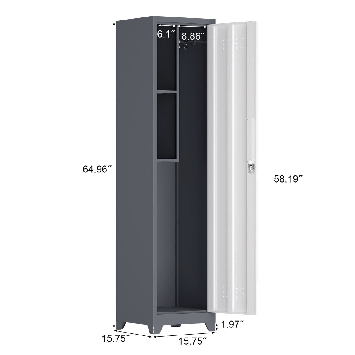 Broom Storage Cabinet Narrow Slim with Hooks and Shelves, Heavy-Duty