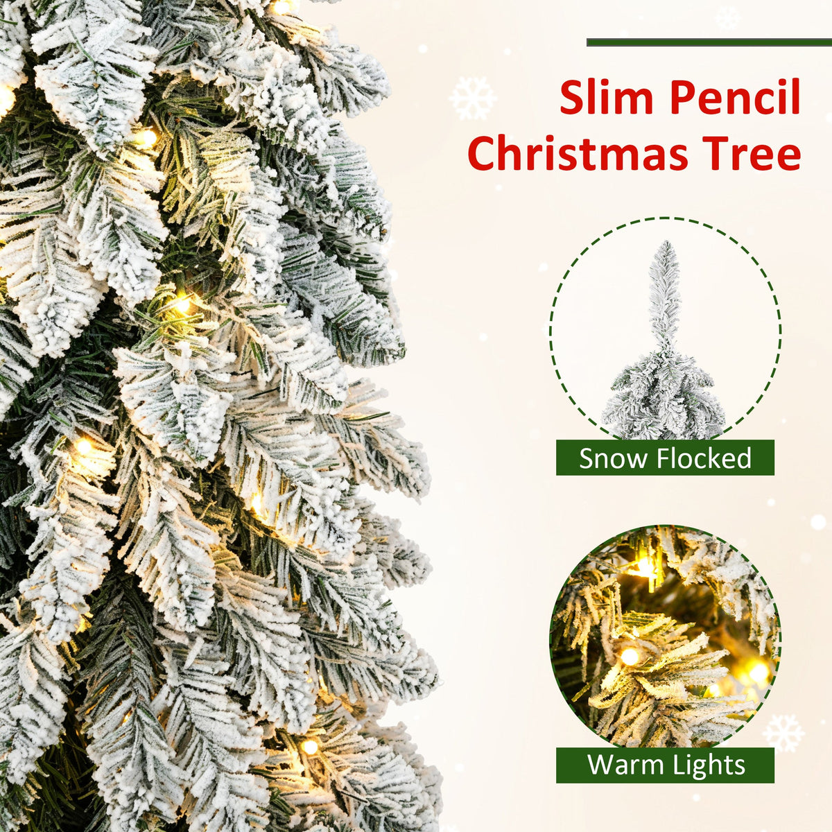 Snow Flocked Pre-Lit Pencil Christmas Tree with Warm LED Lights - White