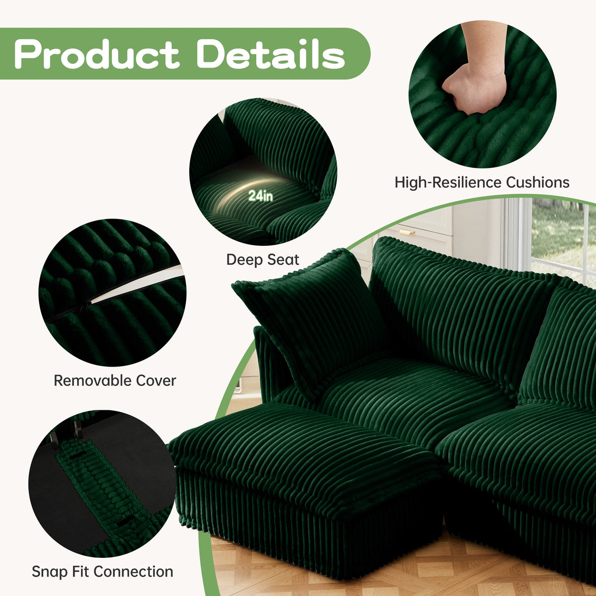 Slipcovered Modern 3 Seater Sofa with Removable Covers - Green or Cream