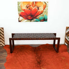 Cognac Brown Upholstered Bench with Genuine Leather Seat - Mid-Century Modern