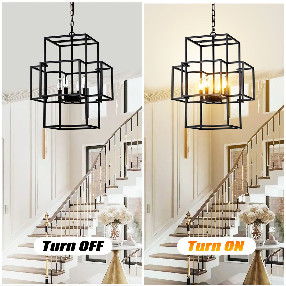 4 Light Metal Lantern Pendant Light with Adjustable Height - Black or Gold