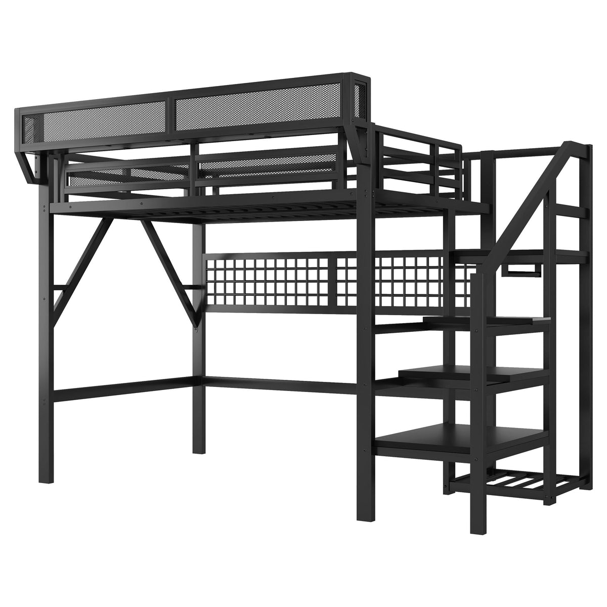 Black Loft Bed with Stairs, Storage Shelf, and LED Lighting