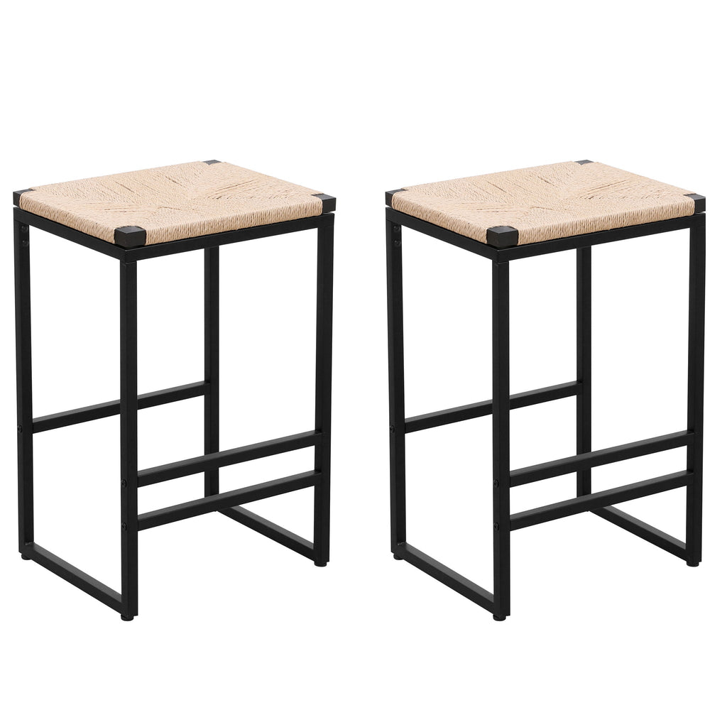 Boho Style Backless Bar Stools with Paper Rope Seat - Light Brown (Set of 2)